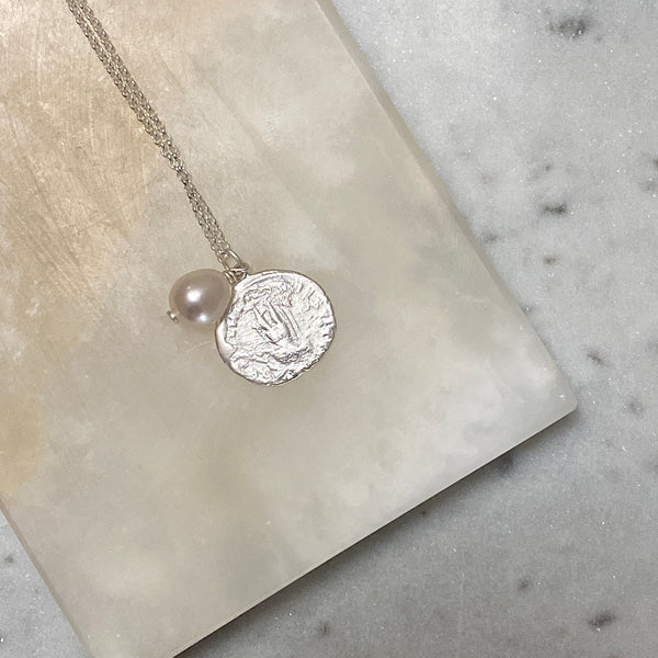 Ancient Coin Pearl Pendant | Silver